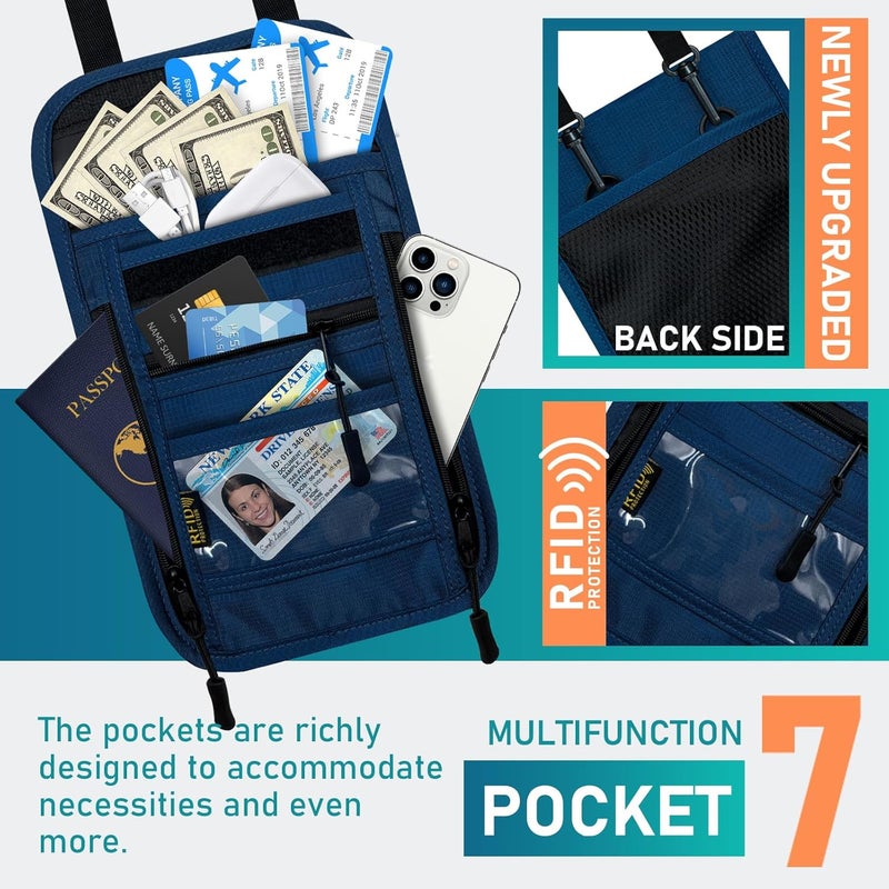 Sundee Travel Neck Wallet with Double Zippers, RFID Blocking Passport Holder with Adjustable Neck Strap for Men and Women to Keep Cash, Credit Cards and Travel Documents Safe - Navy Blue - Image 2